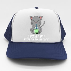 Funny Bubble Tea Cute Tee Cat Drinking Milk Tea Trucker Hat