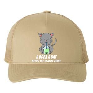 Funny Bubble Tea Cute Tee Cat Drinking Milk Tea Yupoong Adult 5-Panel Trucker Hat