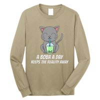 Funny Bubble Tea Cute Tee Cat Drinking Milk Tea Long Sleeve Shirt