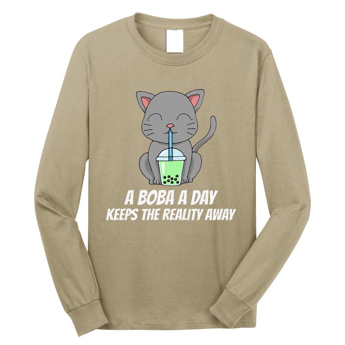 Funny Bubble Tea Cute Tee Cat Drinking Milk Tea Long Sleeve Shirt