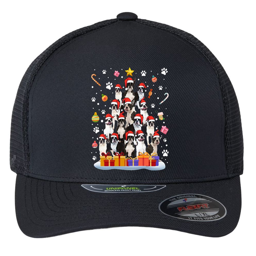 Funny Boston Terrier Dog Ugly Sweater Christmas Tree Xmas Flexfit Unipanel Trucker Cap