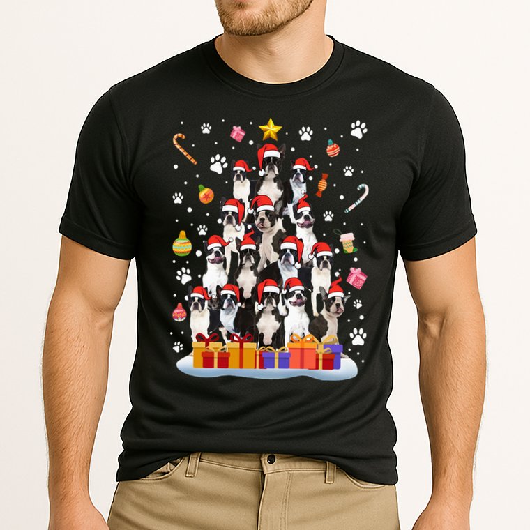 Funny Boston Terrier Dog Ugly Sweater Christmas Tree Xmas Cooling Performance Crew T-Shirt