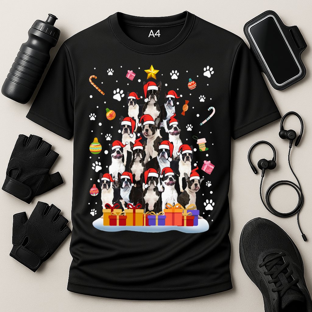 Funny Boston Terrier Dog Ugly Sweater Christmas Tree Xmas Cooling Performance Crew T-Shirt