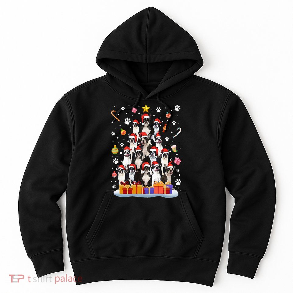 Funny Boston Terrier Dog Ugly Sweater Christmas Tree Xmas Hoodie