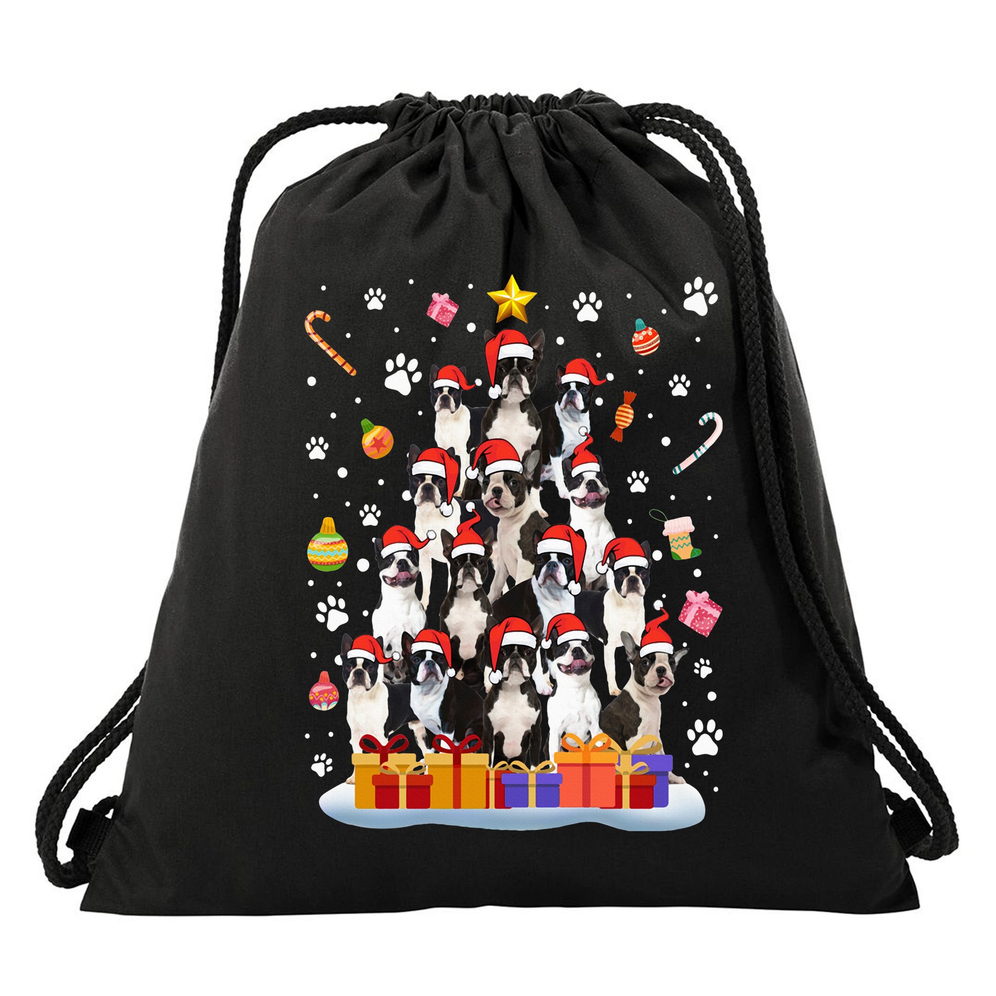Funny Boston Terrier Dog Ugly Sweater Christmas Tree Xmas Drawstring Bag