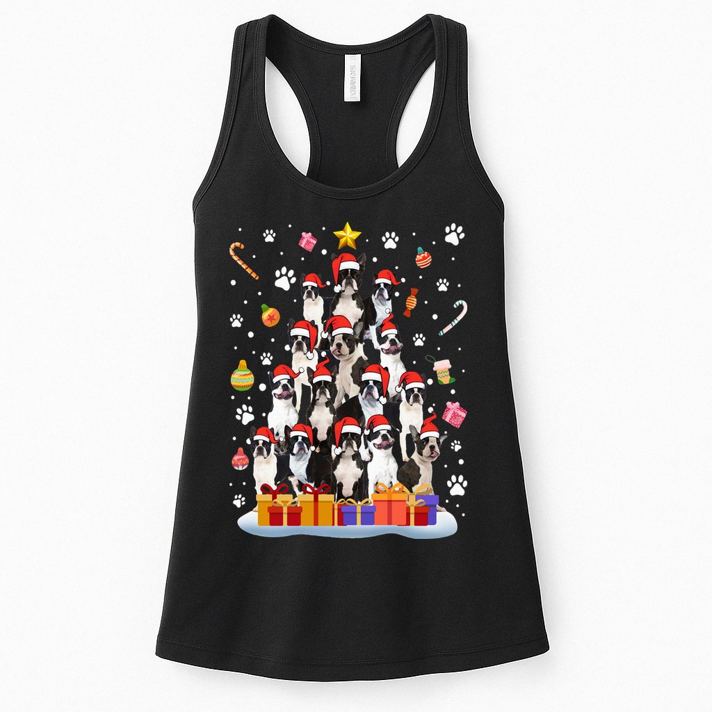 Funny Boston Terrier Dog Ugly Sweater Christmas Tree Xmas Womens Tank Top