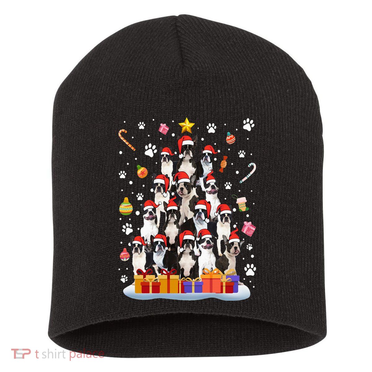 Funny Boston Terrier Dog Ugly Sweater Christmas Tree Xmas Short Acrylic Beanie
