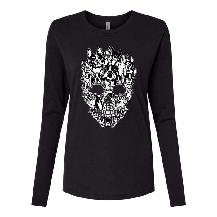 Funny Boston Terrier Skull Dog Skeleton Halloween Womens Cotton Relaxed Long Sleeve T-Shirt