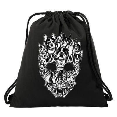 Funny Boston Terrier Skull Dog Skeleton Halloween Drawstring Bag