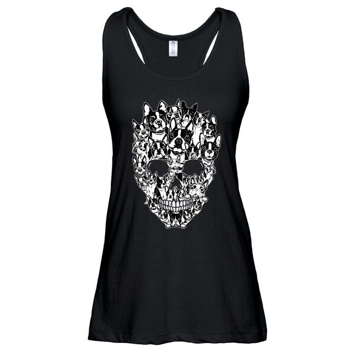 Funny Boston Terrier Skull Dog Skeleton Halloween Ladies Essential Flowy Tank