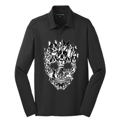 Funny Boston Terrier Skull Dog Skeleton Halloween Silk Touch Performance Long Sleeve Polo