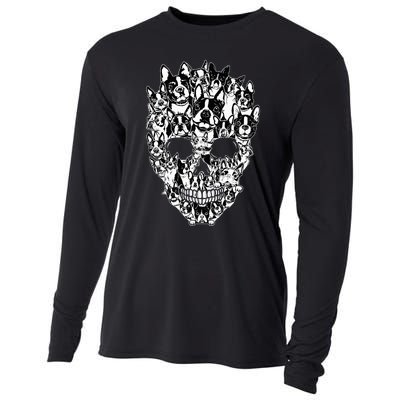 Funny Boston Terrier Skull Dog Skeleton Halloween Cooling Performance Long Sleeve Crew