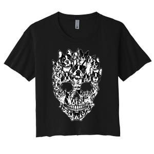 Funny Boston Terrier Skull Dog Skeleton Halloween Women's Crop Top Tee