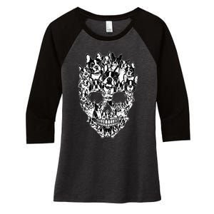 Funny Boston Terrier Skull Dog Skeleton Halloween Women's Tri-Blend 3/4-Sleeve Raglan Shirt