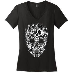 Funny Boston Terrier Skull Dog Skeleton Halloween Women's V-Neck T-Shirt