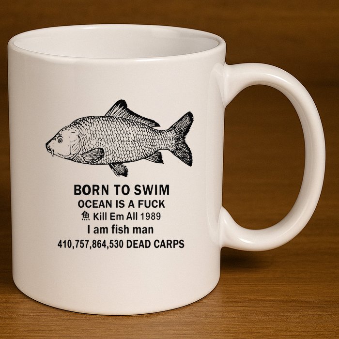 Funny Born To Swim Ocean Is A Fuk Kill Em All 1989 11oz C Handle Ceramic Mug