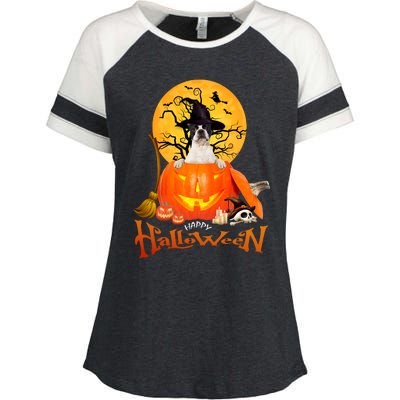 Funny Boston Terrier Dog Spooky Halloween Enza Ladies Jersey Colorblock Tee