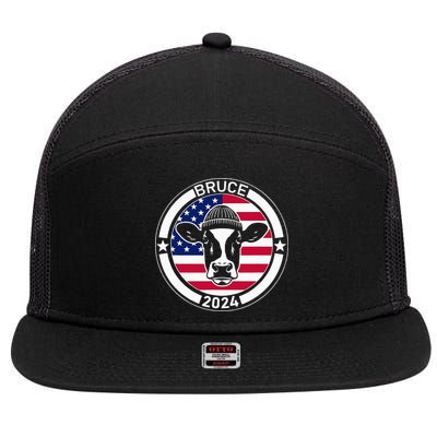 Funny Bruce The Cow Head Bruce For President 2024 7 Panel Mesh Trucker Snapback Hat