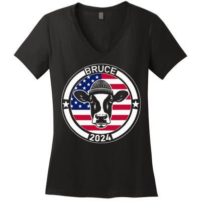 Funny Bruce The Cow Head Bruce For President 2024 Women's V-Neck T-Shirt