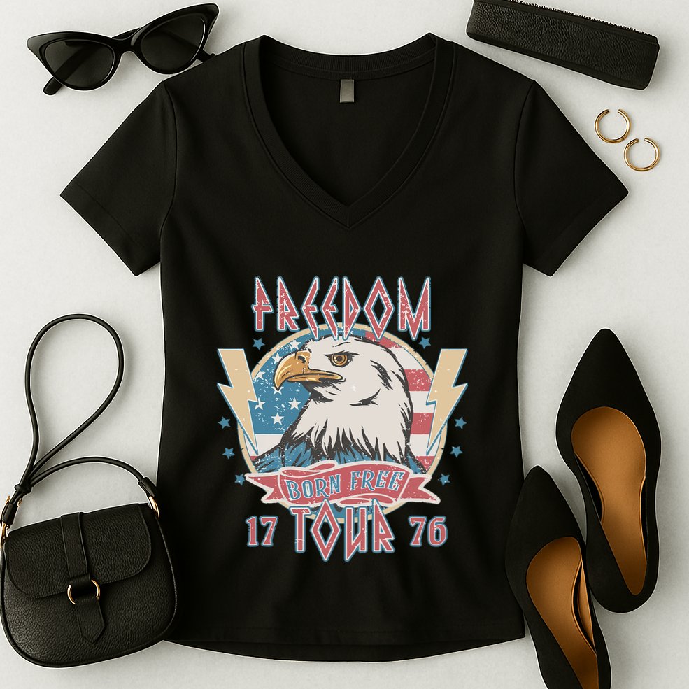 Freedom Born To Be Free 4th Of July 1776 Eagle Usa Flag Women's V-Neck T-Shirt