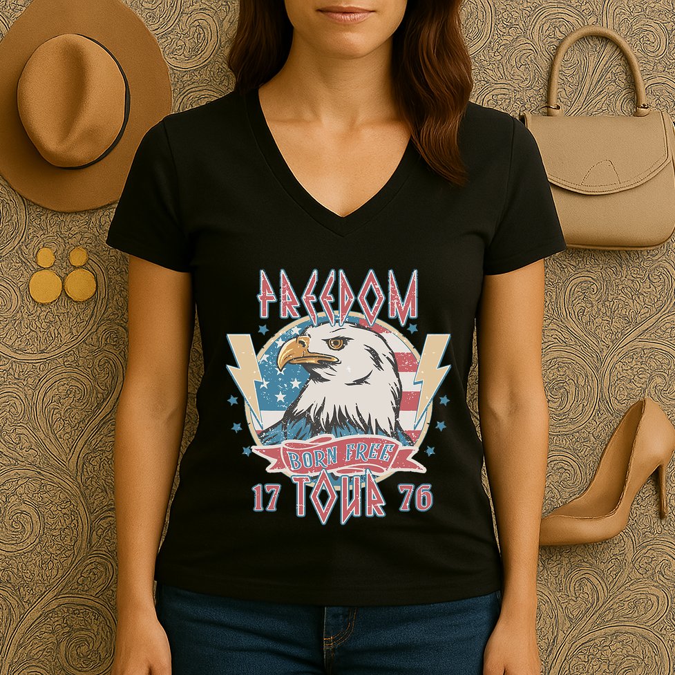 Freedom Born To Be Free 4th Of July 1776 Eagle Usa Flag Women's V-Neck T-Shirt