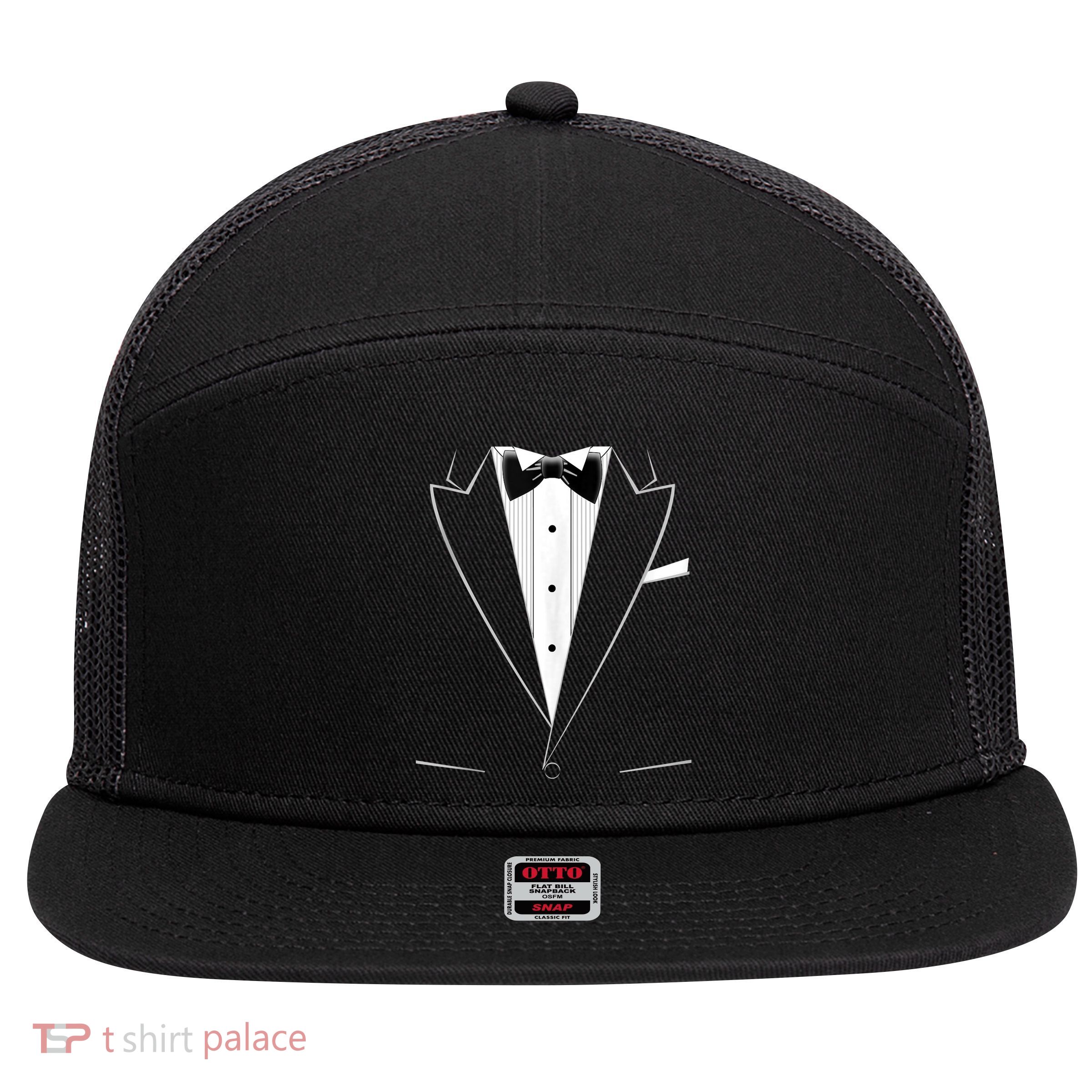 Funny Black Tuxedo And White 7 Panel Mesh Trucker Snapback Hat
