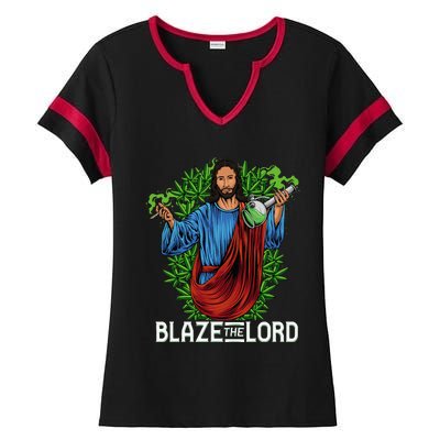 Funny Blaze The Lord High Stoned Jesus 420 Weed Lovers Gift Ladies Halftime Notch Neck Tee