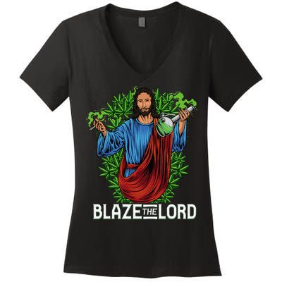 Funny Blaze The Lord High Stoned Jesus 420 Weed Lovers Gift Women's V-Neck T-Shirt