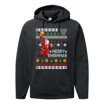 Funny Basketball Ugly Christmas Sweater Santa Merry Swishmas Performance Fleece Hoodie