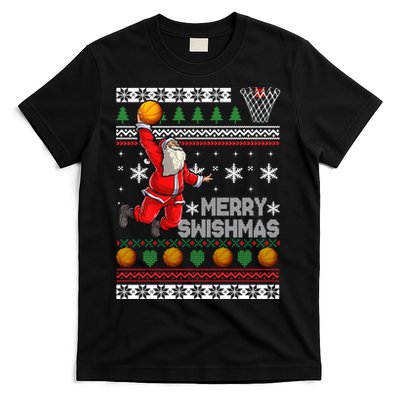 Funny Basketball Ugly Christmas Sweater Santa Merry Swishmas T-Shirt