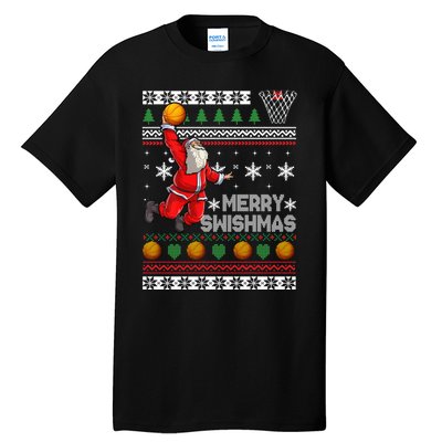 Funny Basketball Ugly Christmas Sweater Santa Merry Swishmas Tall T-Shirt