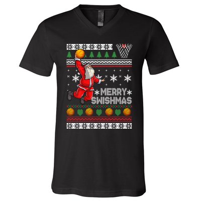 Funny Basketball Ugly Christmas Sweater Santa Merry Swishmas V-Neck T-Shirt