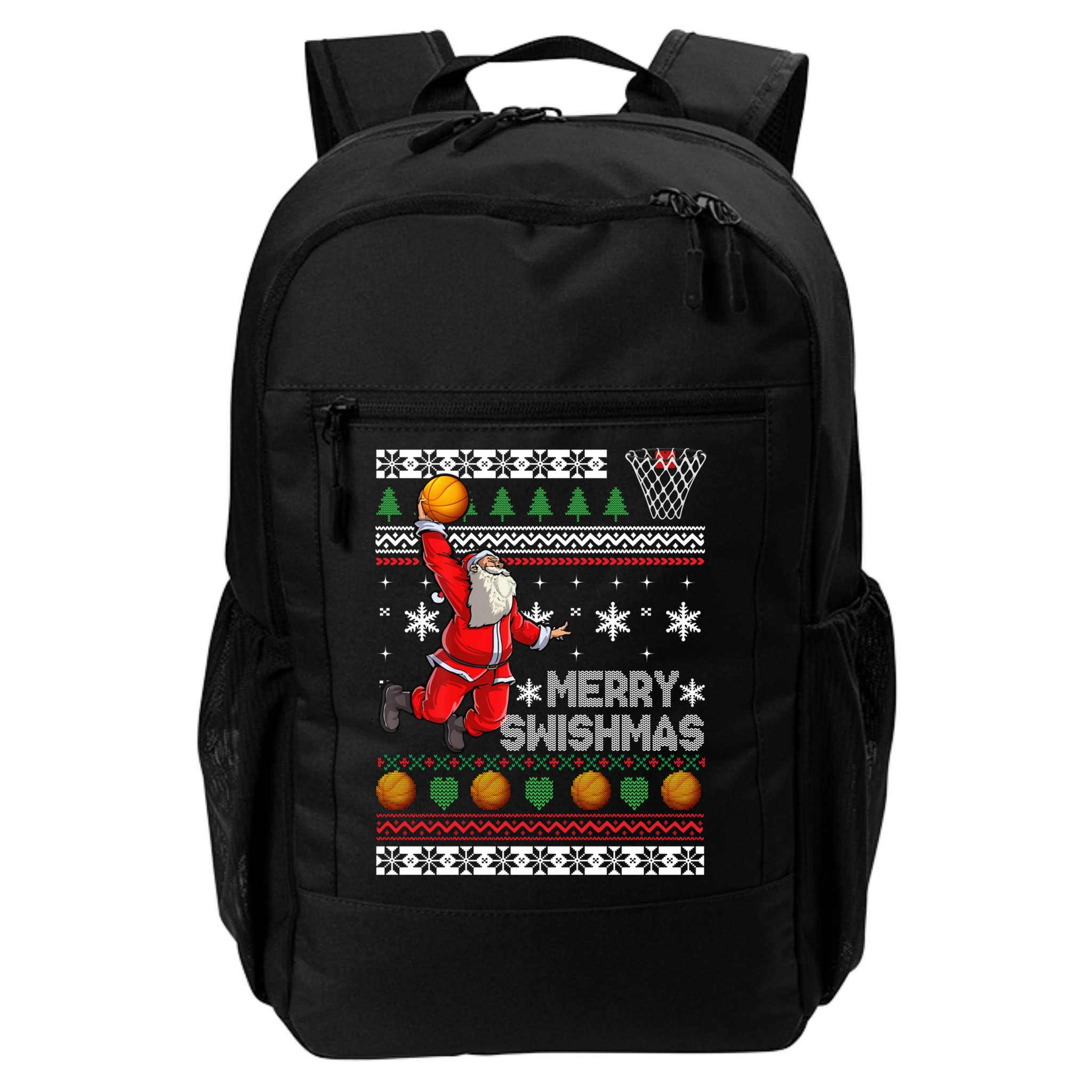Funny Basketball Ugly Christmas Sweater Santa Merry Swishmas Backpack