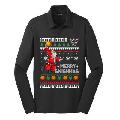 Funny Basketball Ugly Christmas Sweater Santa Merry Swishmas Silk Touch Performance Long Sleeve Polo