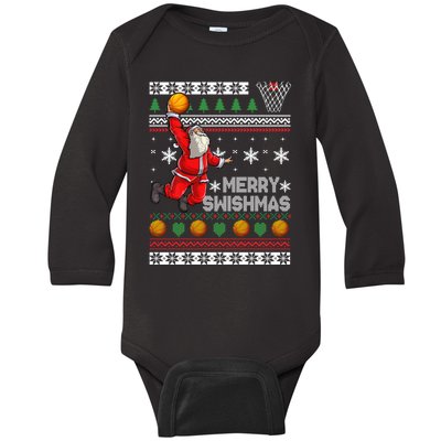 Funny Basketball Ugly Christmas Sweater Santa Merry Swishmas Baby Long Sleeve Bodysuit