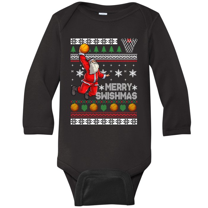 Funny Basketball Ugly Christmas Sweater Santa Merry Swishmas Baby Long Sleeve Bodysuit