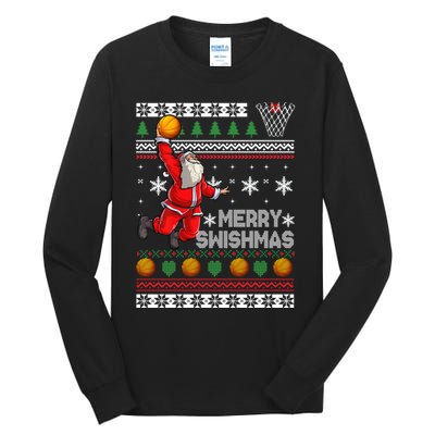 Funny Basketball Ugly Christmas Sweater Santa Merry Swishmas Tall Long Sleeve T-Shirt