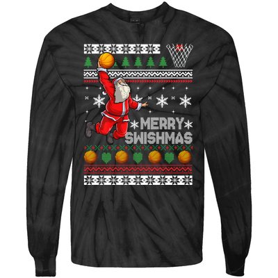 Funny Basketball Ugly Christmas Sweater Santa Merry Swishmas Tie-Dye Long Sleeve Shirt