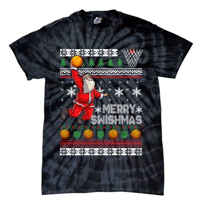 Funny Basketball Ugly Christmas Sweater Santa Merry Swishmas Tie-Dye T-Shirt