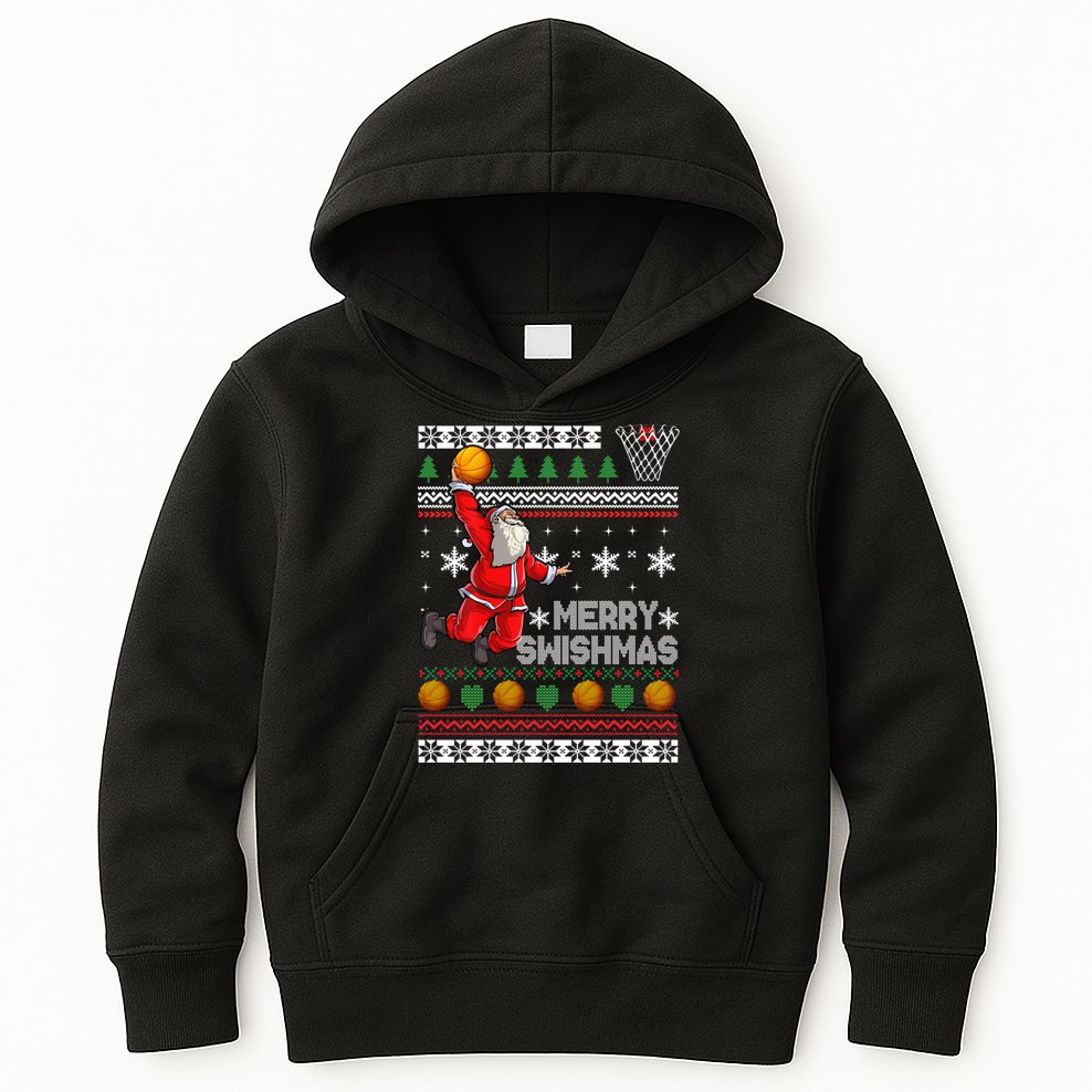 Funny Basketball Ugly Christmas Sweater Santa Merry Swishmas Kids Hoodie