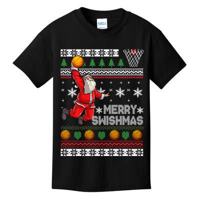 Funny Basketball Ugly Christmas Sweater Santa Merry Swishmas Kids T-Shirt