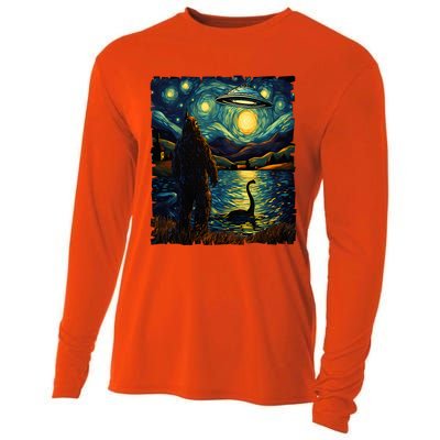 Funny Bigfoot Ufo And Nessie Van Gogh Starry Night Painting Cooling Performance Long Sleeve Crew