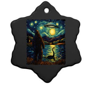 Funny Bigfoot Ufo And Nessie Van Gogh Starry Night Painting Ceramic Star Ornament