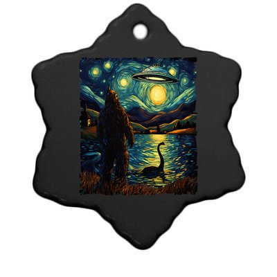 Funny Bigfoot Ufo And Nessie Van Gogh Starry Night Painting Ceramic Star Ornament