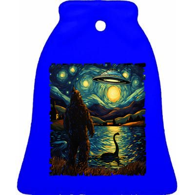 Funny Bigfoot Ufo And Nessie Van Gogh Starry Night Painting Ceramic Bell Ornament