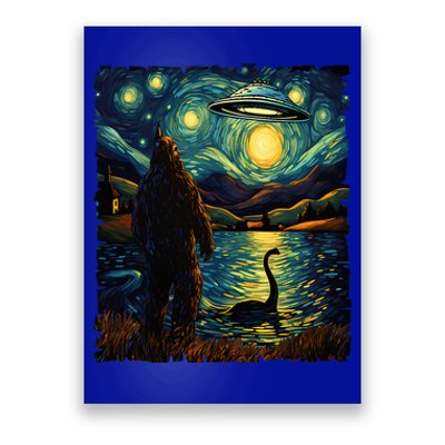 Funny Bigfoot Ufo And Nessie Van Gogh Starry Night Painting Poster