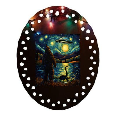 Funny Bigfoot Ufo And Nessie Van Gogh Starry Night Painting Ceramic Oval Ornament