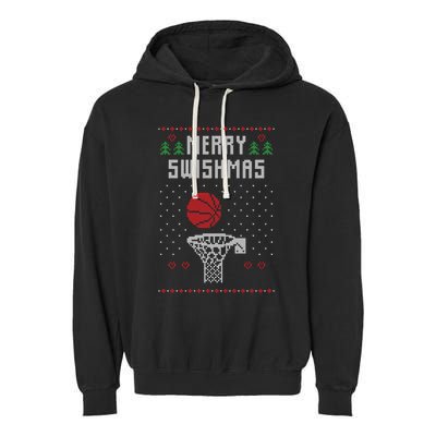 Funny Basketball Ugly Christmas Sweater Gift Merry Swishmas Garment-Dyed Fleece Hoodie