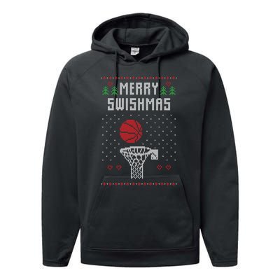 Funny Basketball Ugly Christmas Sweater Gift Merry Swishmas Performance Fleece Hoodie