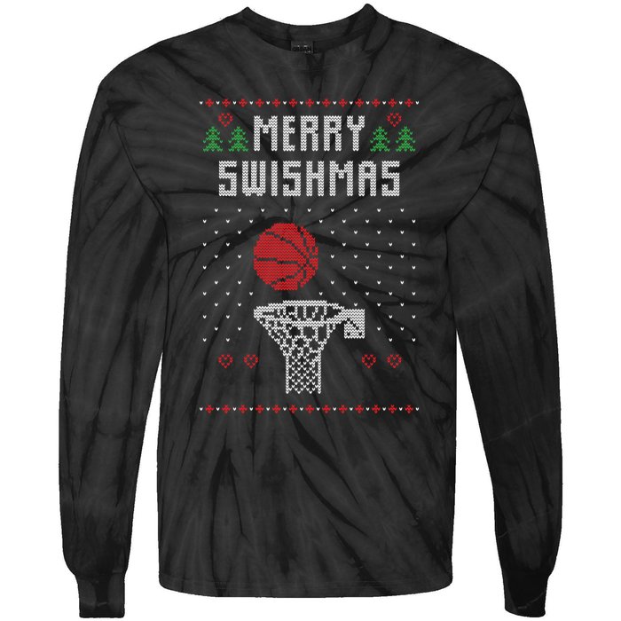 Funny Basketball Ugly Christmas Sweater Gift Merry Swishmas Tie-Dye Long Sleeve Shirt